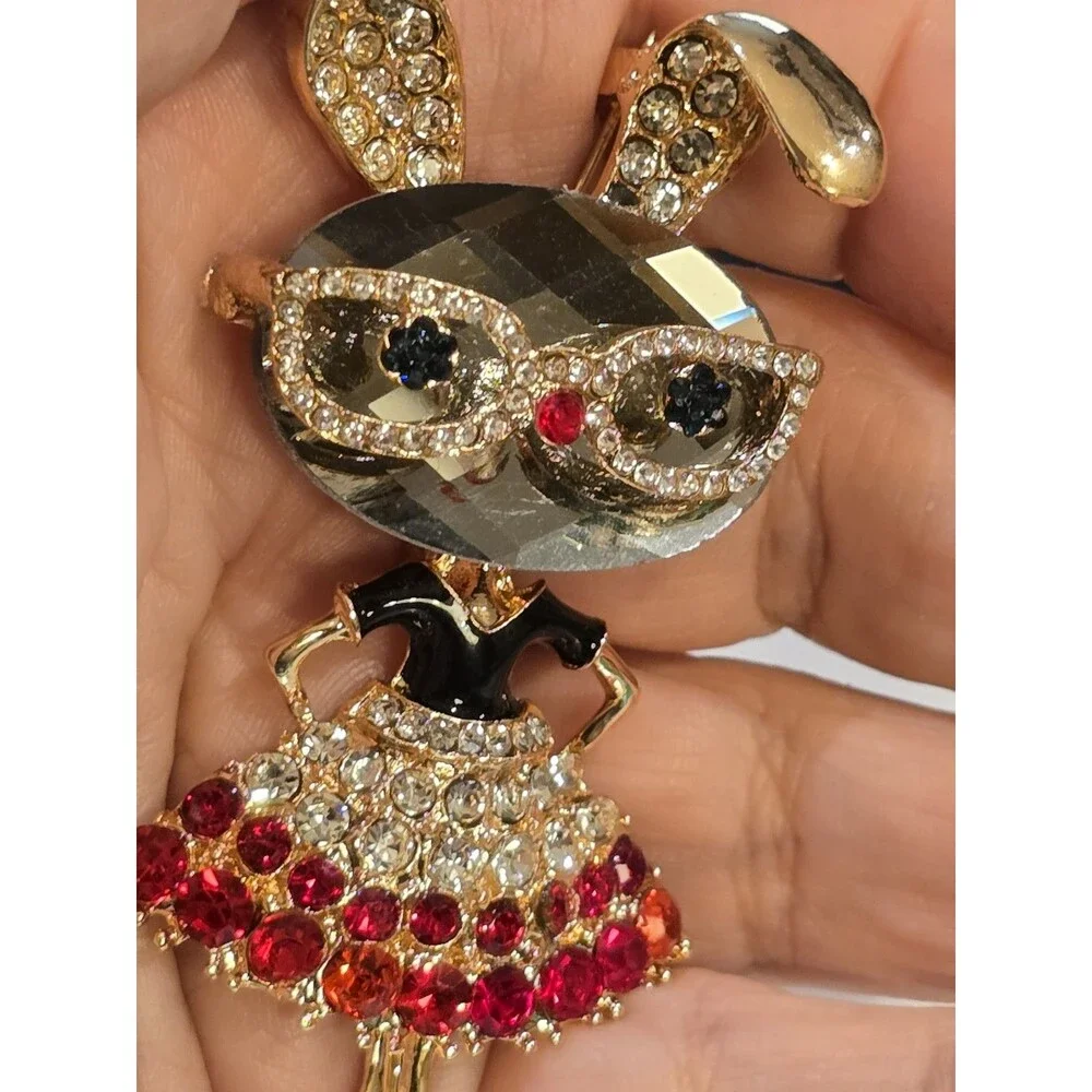 Rhinestone Bunny Rabbit Brooch Sunglasses Red Dress Gold Tone Cute Animal Pin